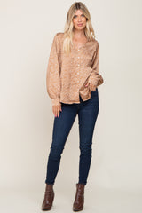 Camel Abstract Print Button Down Satin Top