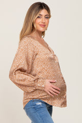 Camel Abstract Print Button Down Satin Maternity Top