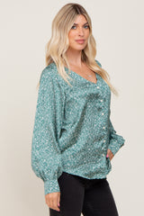 Green Abstract Print Button Down Satin Top