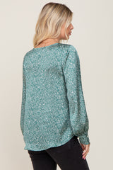 Green Abstract Print Button Down Satin Top