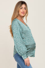 Green Abstract Print Button Down Satin Maternity Top