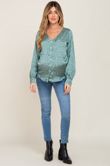 Green Abstract Print Button Down Satin Maternity Top