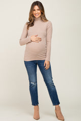 Mocha Heathered Ribbed Mock Neck Long Sleeve Maternity Top