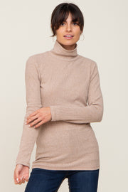 Mocha Heathered Ribbed Mock Neck Long Sleeve Top