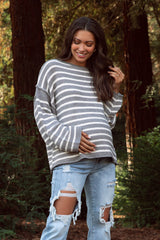 Grey Striped Drop Shoulder Maternity Sweater