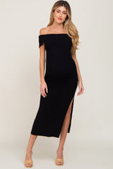 Black Ribbed Off Shoulder Maternity Midi Dress