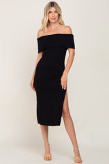 Black Ribbed Off Shoulder Midi Dress