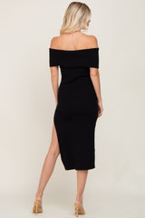 Black Ribbed Off Shoulder Midi Dress