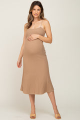 Taupe Ribbed A-Line Maternity Midi Dress