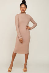 Taupe Ribbed Mock Neck Lettuce Trim Midi Dress