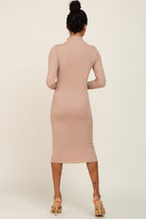 Taupe Ribbed Mock Neck Lettuce Trim Midi Dress