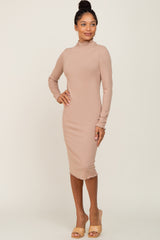 Taupe Ribbed Mock Neck Lettuce Trim Midi Dress