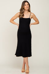 Black Ribbed A-Line Maternity Midi Dress