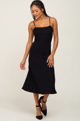 Black Ribbed A-Line Midi Dress