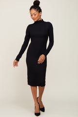 Black Ribbed Mock Neck Lettuce Trim Maternity Midi Dress