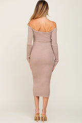 Taupe Ribbed Off Shoulder Long Sleeve Maternity Midi Dress