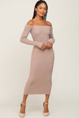 Taupe Ribbed Off Shoulder Long Sleeve Maternity Midi Dress