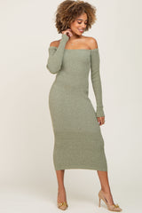 Sage Ribbed Off Shoulder Long Sleeve Midi Dress