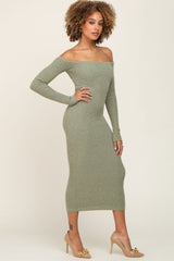 Sage Ribbed Off Shoulder Long Sleeve Midi Dress