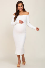 White Ribbed Off Shoulder Long Sleeve Maternity Midi Dress