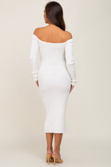 White Ribbed Off Shoulder Long Sleeve Maternity Midi Dress