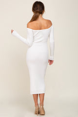 White Ribbed Off Shoulder Long Sleeve Midi Dress