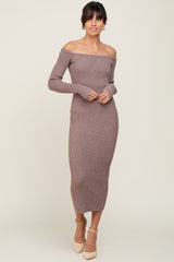 Brown Ribbed Off Shoulder Long Sleeve Maternity Midi Dress