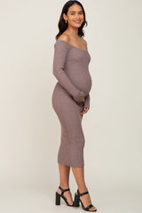 Brown Ribbed Off Shoulder Long Sleeve Maternity Midi Dress