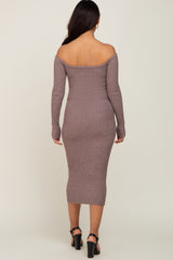 Brown Ribbed Off Shoulder Long Sleeve Maternity Midi Dress