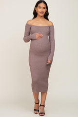 Brown Ribbed Off Shoulder Long Sleeve Maternity Midi Dress