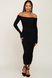 Black Ribbed Off Shoulder Long Sleeve Midi Dress