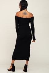 Black Ribbed Off Shoulder Long Sleeve Midi Dress