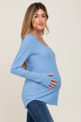 Light Blue Ribbed Round Hem Maternity Top