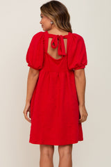 Red Embroidered Tie Back Maternity Dress