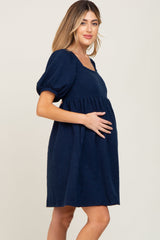 Navy Embroidered Tie Back Maternity Dress