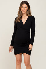 Black Ruched Long Sleeve Maternity Dress