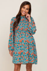 Teal Floral Smocked Long Sleeve Maternity Dress