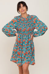 Teal Floral Smocked Long Sleeve Maternity Dress