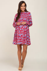 Burgundy Floral Smocked Long Sleeve Maternity Dress