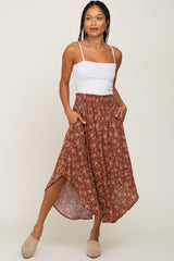 Rust Floral Print Midi Skirt