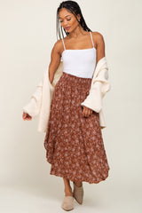 Rust Floral Print Midi Skirt