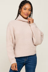 Beige Ribbed Turtleneck Cropped Maternity Sweater