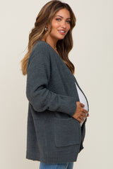 Olive Fuzzy Knit Front Pocket Maternity Cardigan