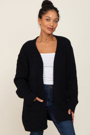 Black Fuzzy Knit Front Pocket Cardigan