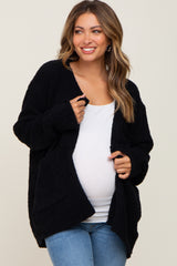 Black Fuzzy Knit Front Pocket Maternity Cardigan