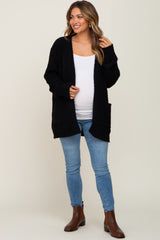 Black Fuzzy Knit Front Pocket Maternity Cardigan