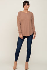 Mocha Brushed Knit Ribbed Long Sleeve Top