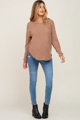 Mocha Brushed Knit Ribbed Long Sleeve Maternity Top