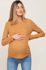 Camel Ribbed Basic Long Sleeve Maternity Top