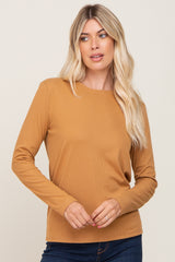 Camel Ribbed Basic Long Sleeve Top